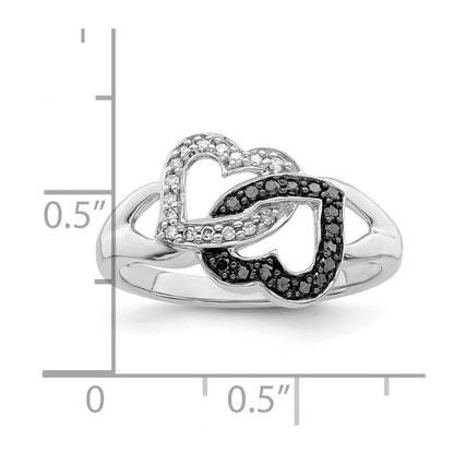Sterling Silver White Night Rhodium Plated Black And Diamond Hearts Ring