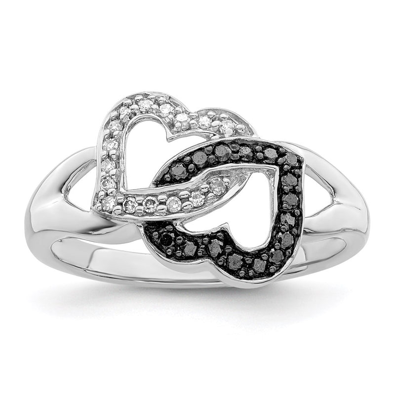 Sterling Silver White Night Rhodium Plated Black And Diamond Hearts Ring