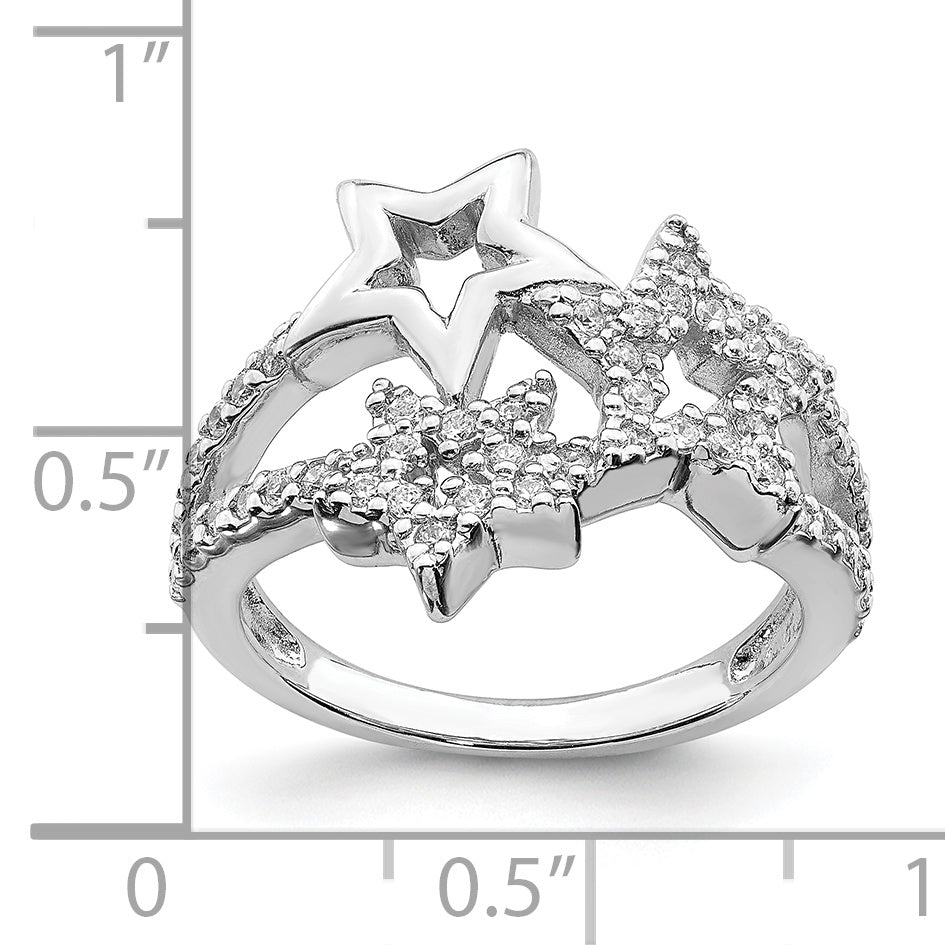 Sterling Silver Rhodium Plated Cz Triple Star Ring