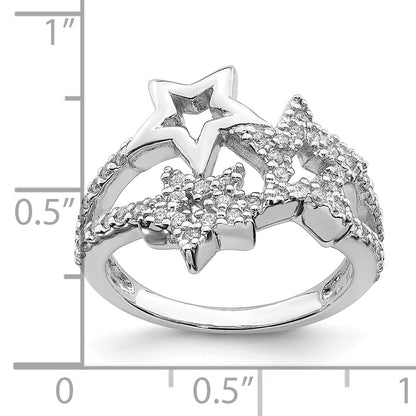 Sterling Silver Rhodium Plated Cz Triple Star Ring