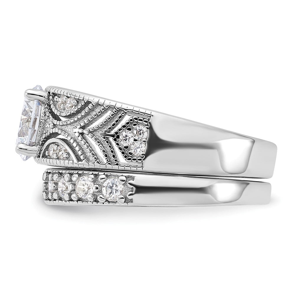 Sterling Silver Rhodium Plated Round Cz Center Wedding Ring Set (Size 6 Only)