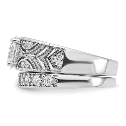 Sterling Silver Rhodium Plated Round Cz Center Wedding Ring Set (Size 6 Only)