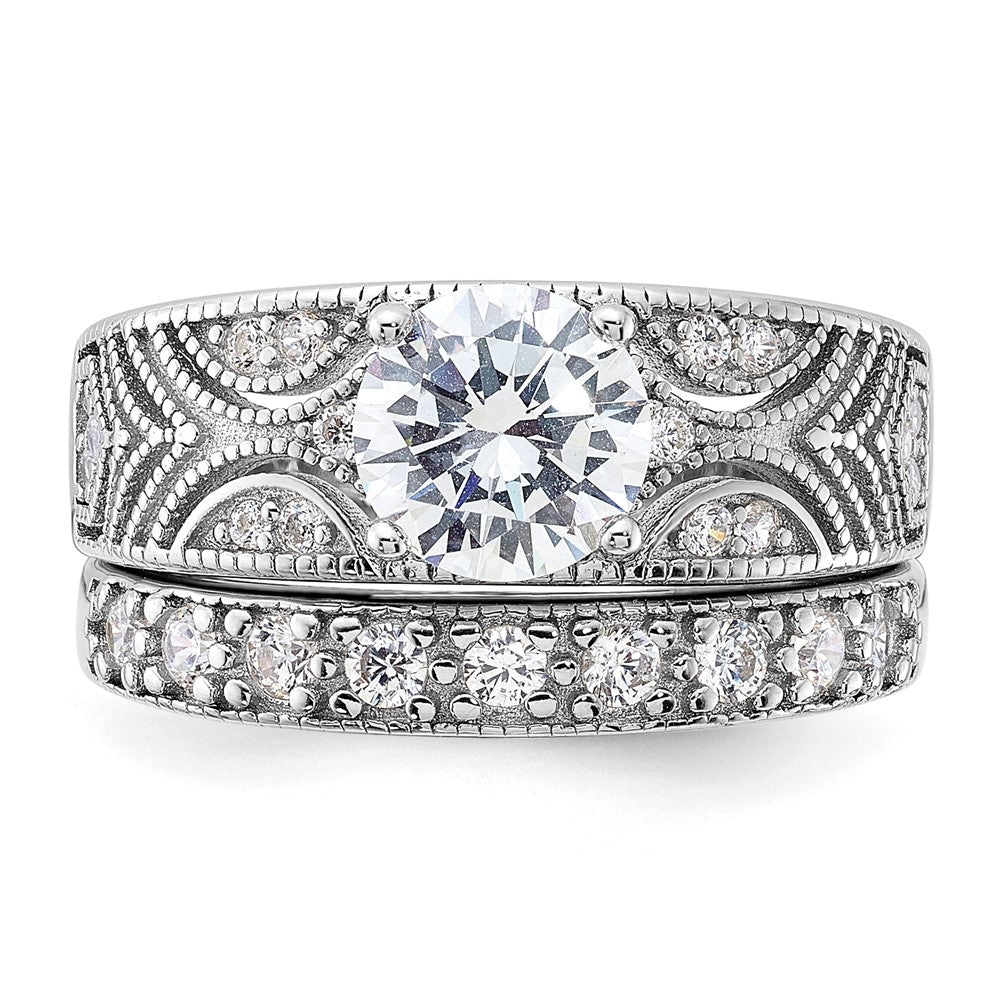 Sterling Silver Rhodium Plated Round Cz Center Wedding Ring Set (Size 6 Only)