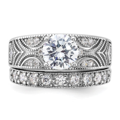 Sterling Silver Rhodium Plated Round Cz Center Wedding Ring Set (Size 6 Only)