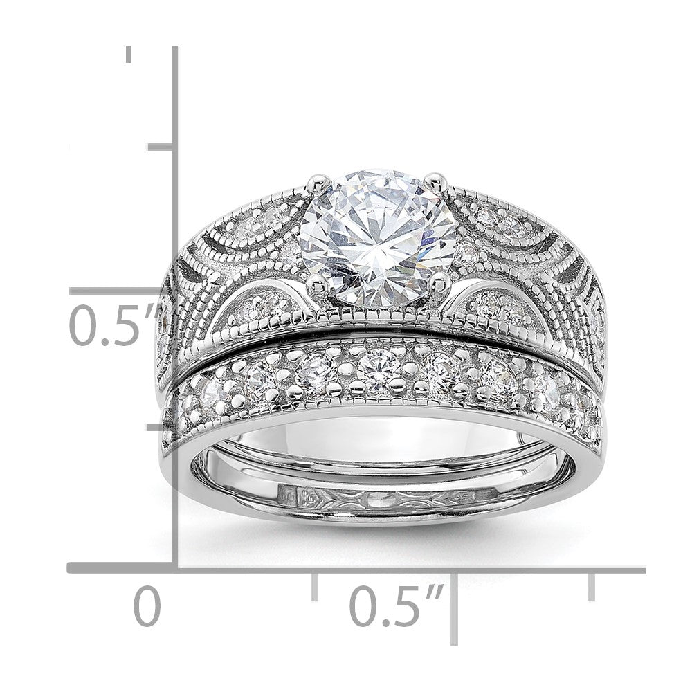Sterling Silver Rhodium Plated Round Cz Center Wedding Ring Set (Size 6 Only)