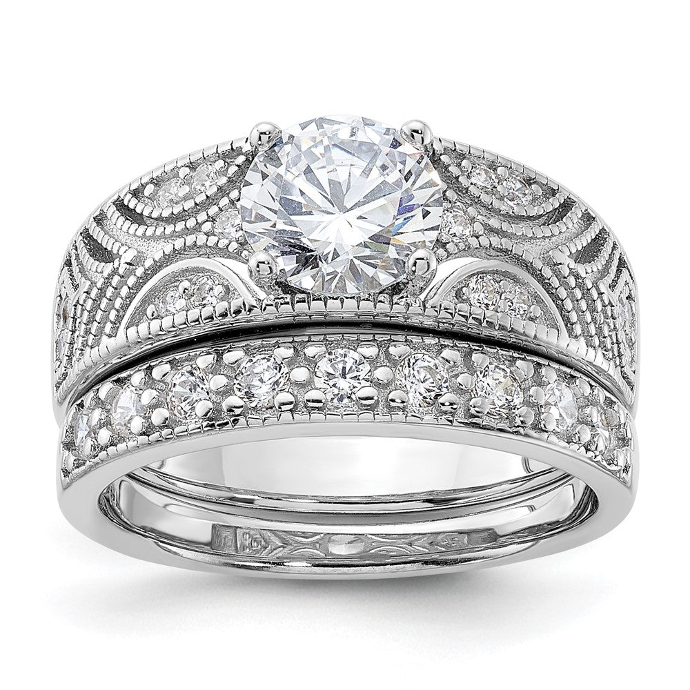 Sterling Silver Rhodium Plated Round Cz Center Wedding Ring Set (Size 6 Only)