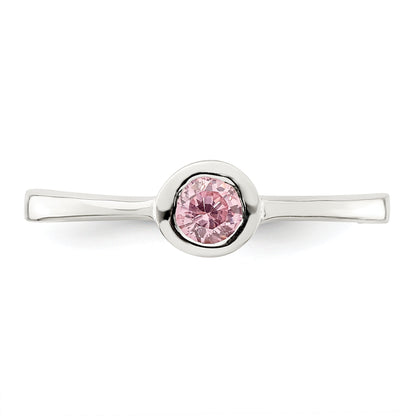 Sterling Silver Pink Round Bezel Cz Ring
