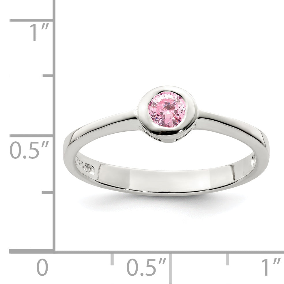 Sterling Silver Pink Round Bezel Cz Ring