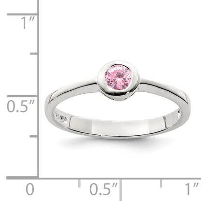 Sterling Silver Pink Round Bezel Cz Ring
