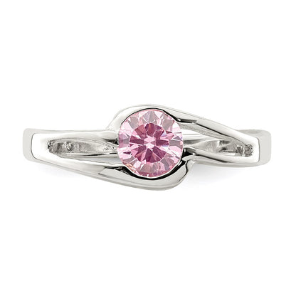 Sterling Silver Pink Round Bezel Cz Ring