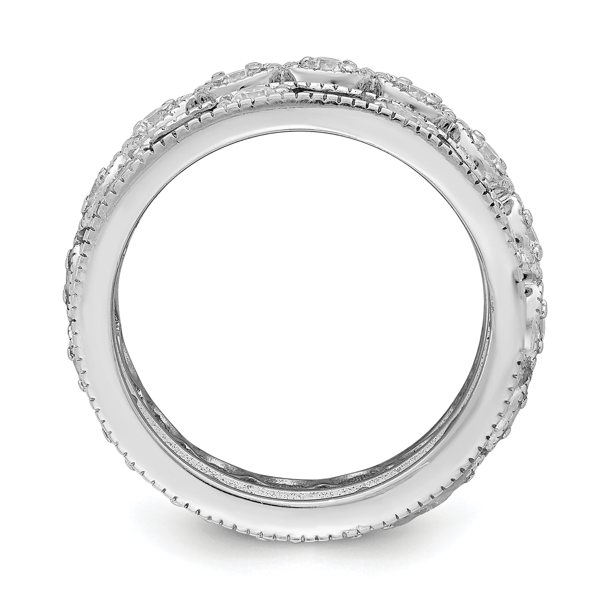 Sterling Silver Rhod Pltd Triple Band Blue/White/Clear Circle Center Ring