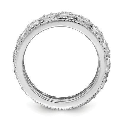 Sterling Silver Rhod Pltd Triple Band Blue/White/Clear Circle Center Ring