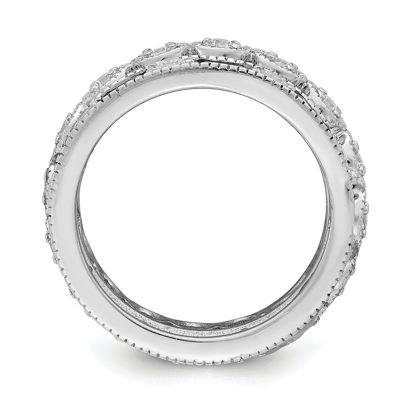 Sterling Silver Rhod Pltd Triple Band Blue/White/Clear Circle Center Ring