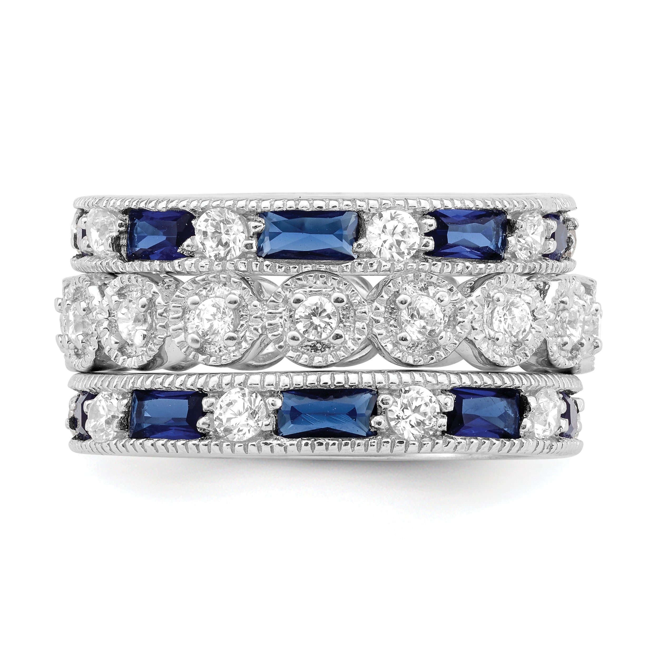 Sterling Silver Rhod Pltd Triple Band Blue/White/Clear Circle Center Ring