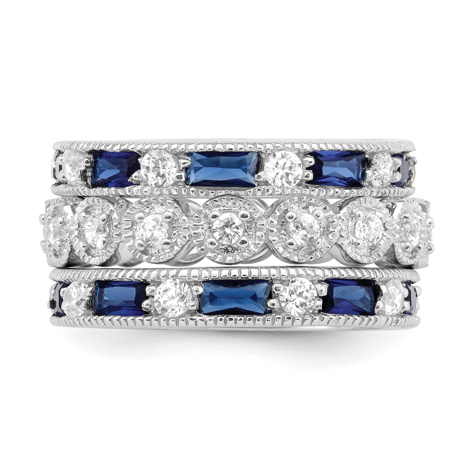 Sterling Silver Rhod Pltd Triple Band Blue/White/Clear Circle Center Ring
