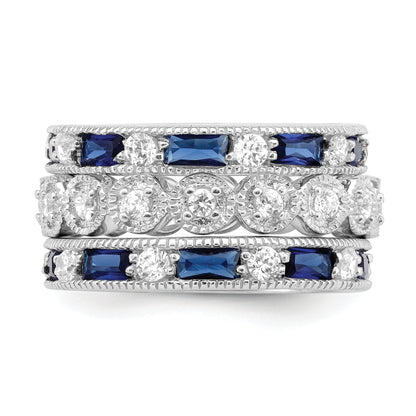 Sterling Silver Rhod Pltd Triple Band Blue/White/Clear Circle Center Ring