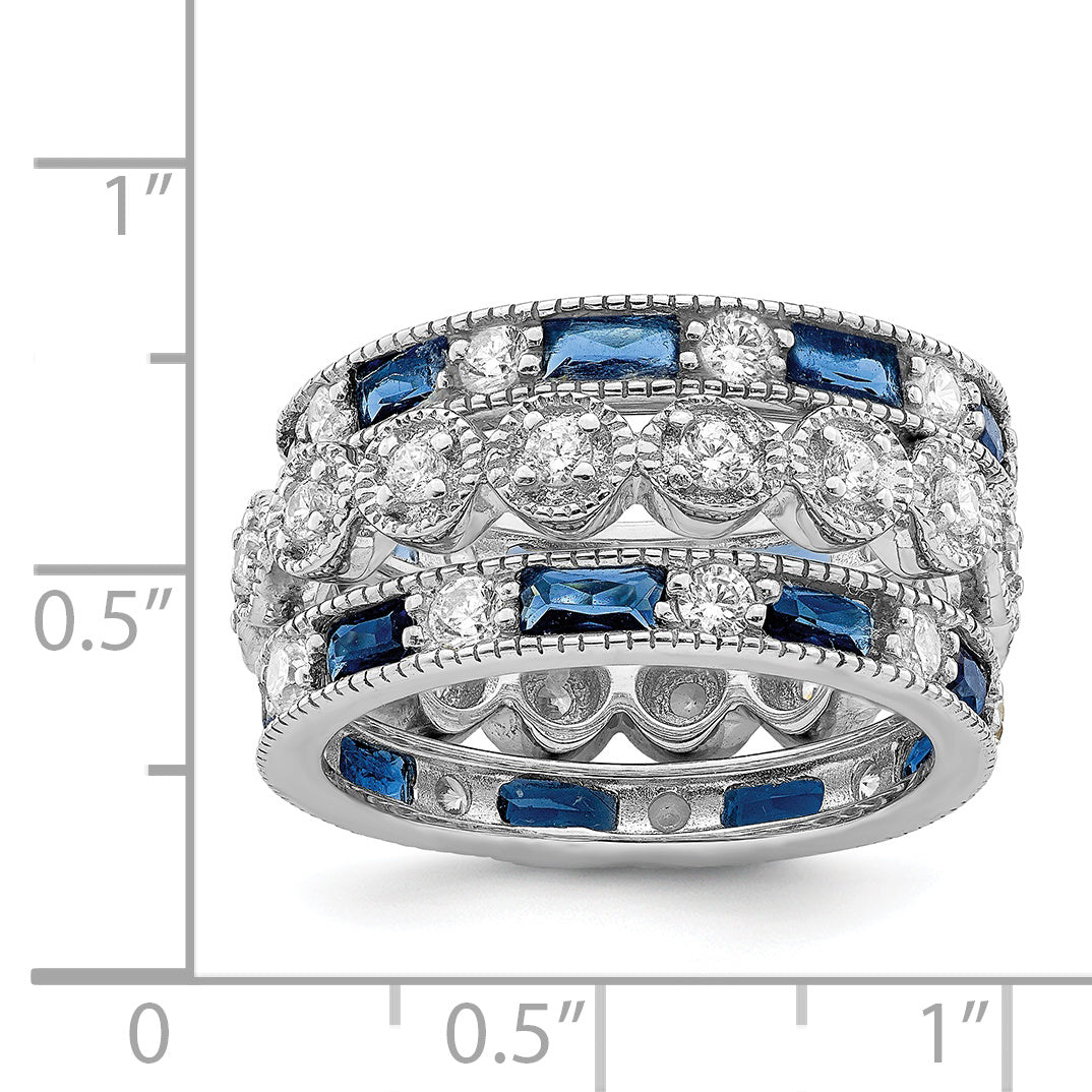 Sterling Silver Rhod Pltd Triple Band Blue/White/Clear Circle Center Ring