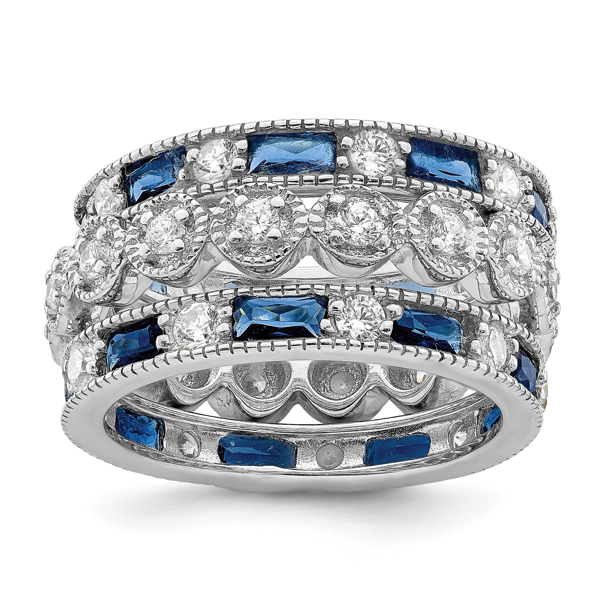 Sterling Silver Rhod Pltd Triple Band Blue/White/Clear Circle Center Ring