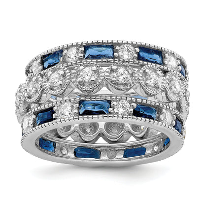 Sterling Silver Rhod Pltd Triple Band Blue/White/Clear Circle Center Ring