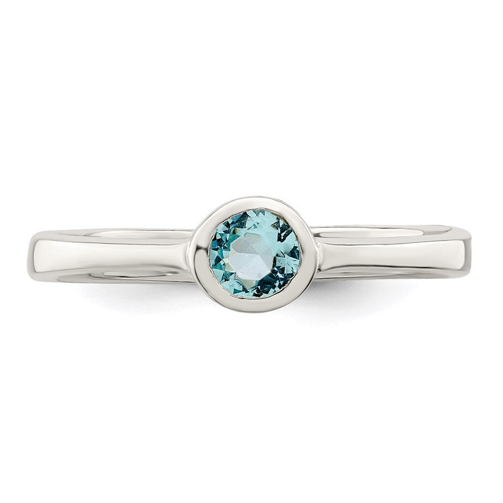 Sterling Silver Light Blue Round Bezel Cz Ring