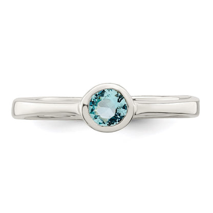 Sterling Silver Light Blue Round Bezel Cz Ring