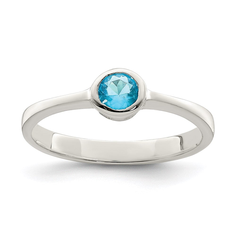 Sterling Silver Light Blue Round Bezel Cz Ring