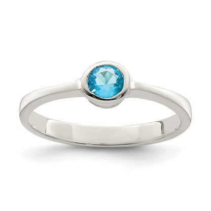 Sterling Silver Light Blue Round Bezel Cz Ring
