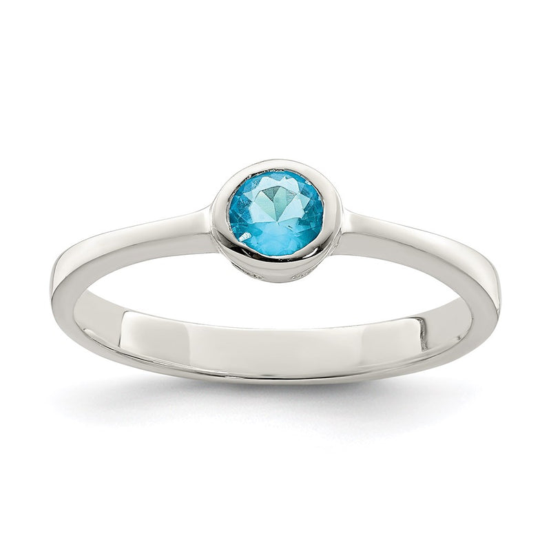 Sterling Silver Light Blue Round Bezel Cz Ring