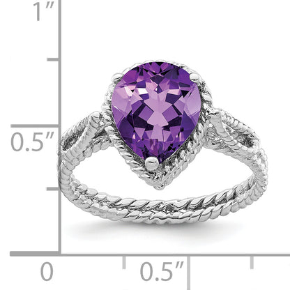 Sterling Silver Rhodium Plated Amethyst Pear Twisted Ring (Size 8 Only)
