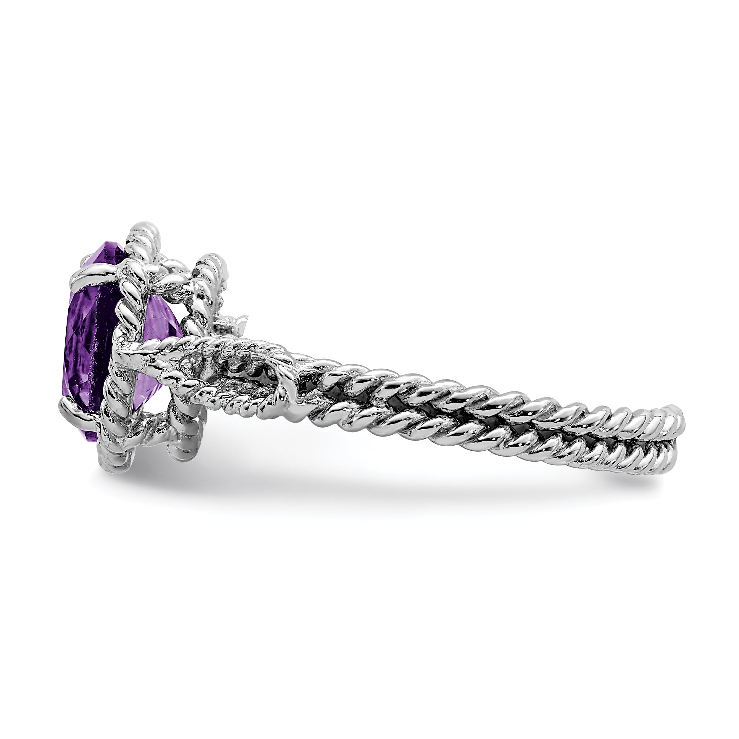 Sterling Silver Rhodium Plated Amethyst Twisted Circle Ring