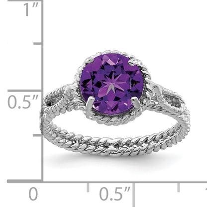 Sterling Silver Rhodium Plated Amethyst Twisted Circle Ring