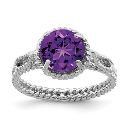 Sterling Silver Rhodium Plated Amethyst Twisted Circle Ring