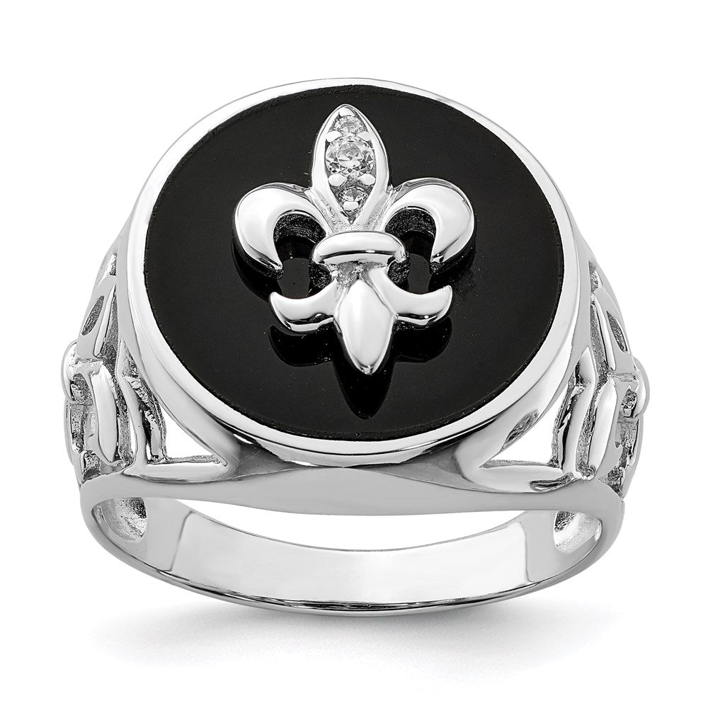 Sterling Silver Rhodium Plated Cz Black Onyx Ring