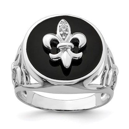 Sterling Silver Rhodium Plated Cz Black Onyx Ring