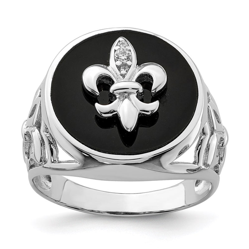 Sterling Silver Rhodium Plated Cz Black Onyx Ring