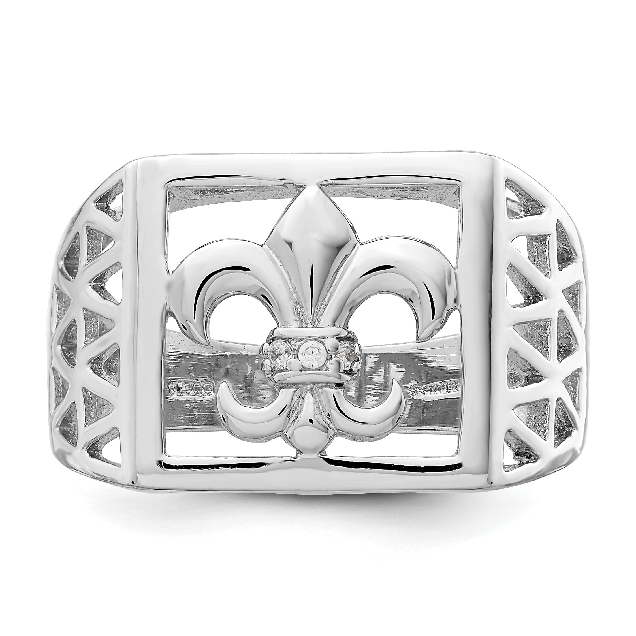 Sterling Silver Rhodium Plated Cz Fleur De Lis Ring