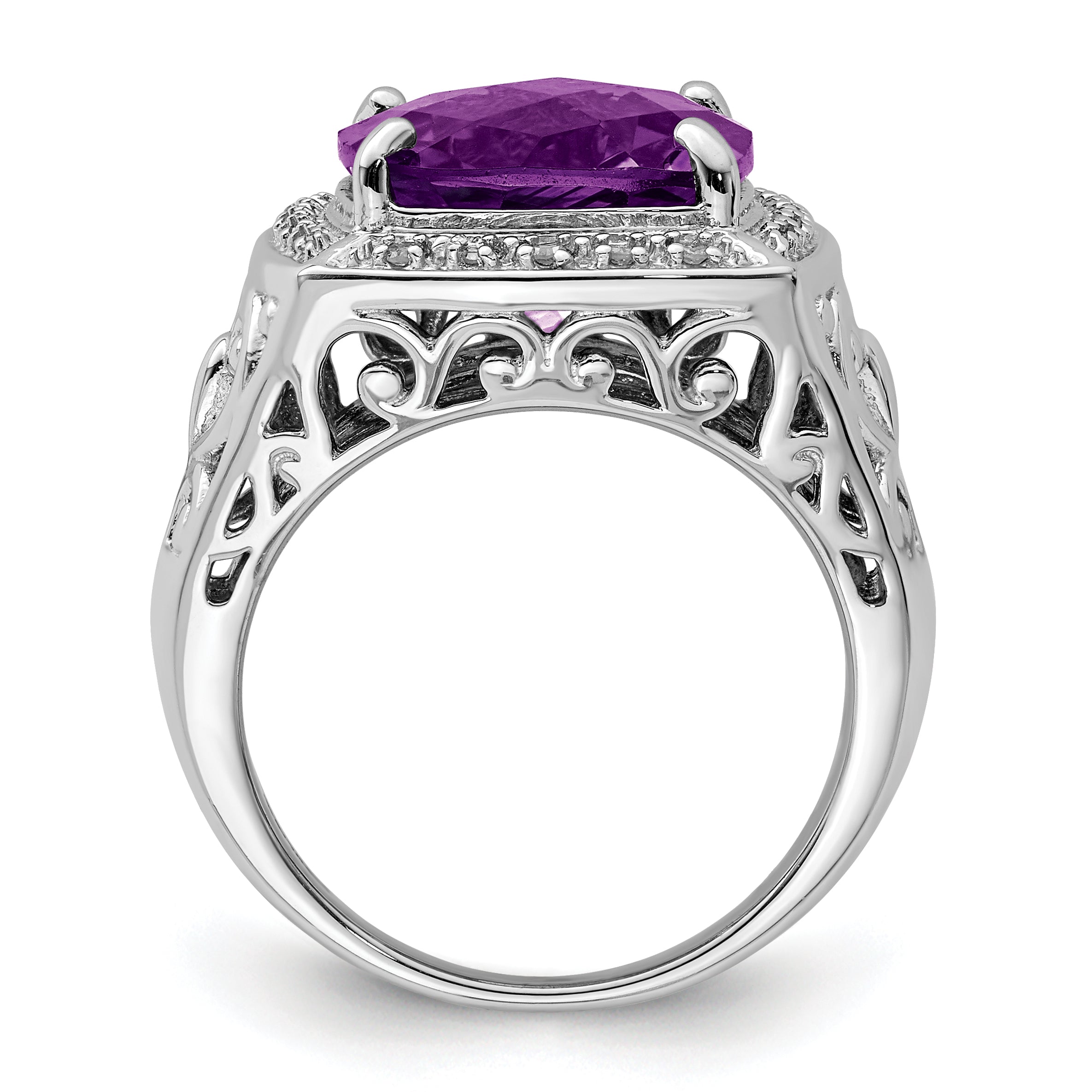 Sterling Silver Rhodium Plated Amethyst And Diamond Ring
