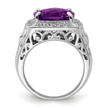 Sterling Silver Rhodium Plated Amethyst And Diamond Ring