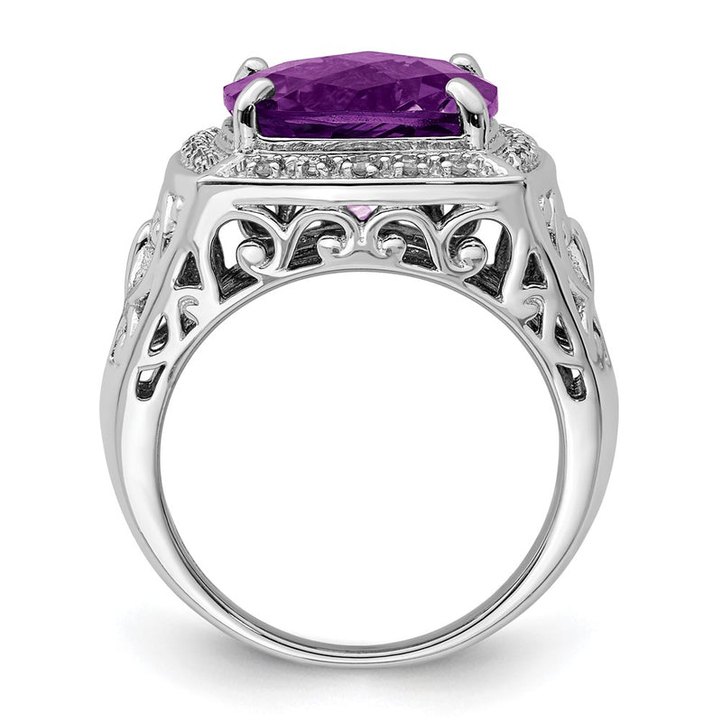 Sterling Silver Rhodium Plated Amethyst And Diamond Ring