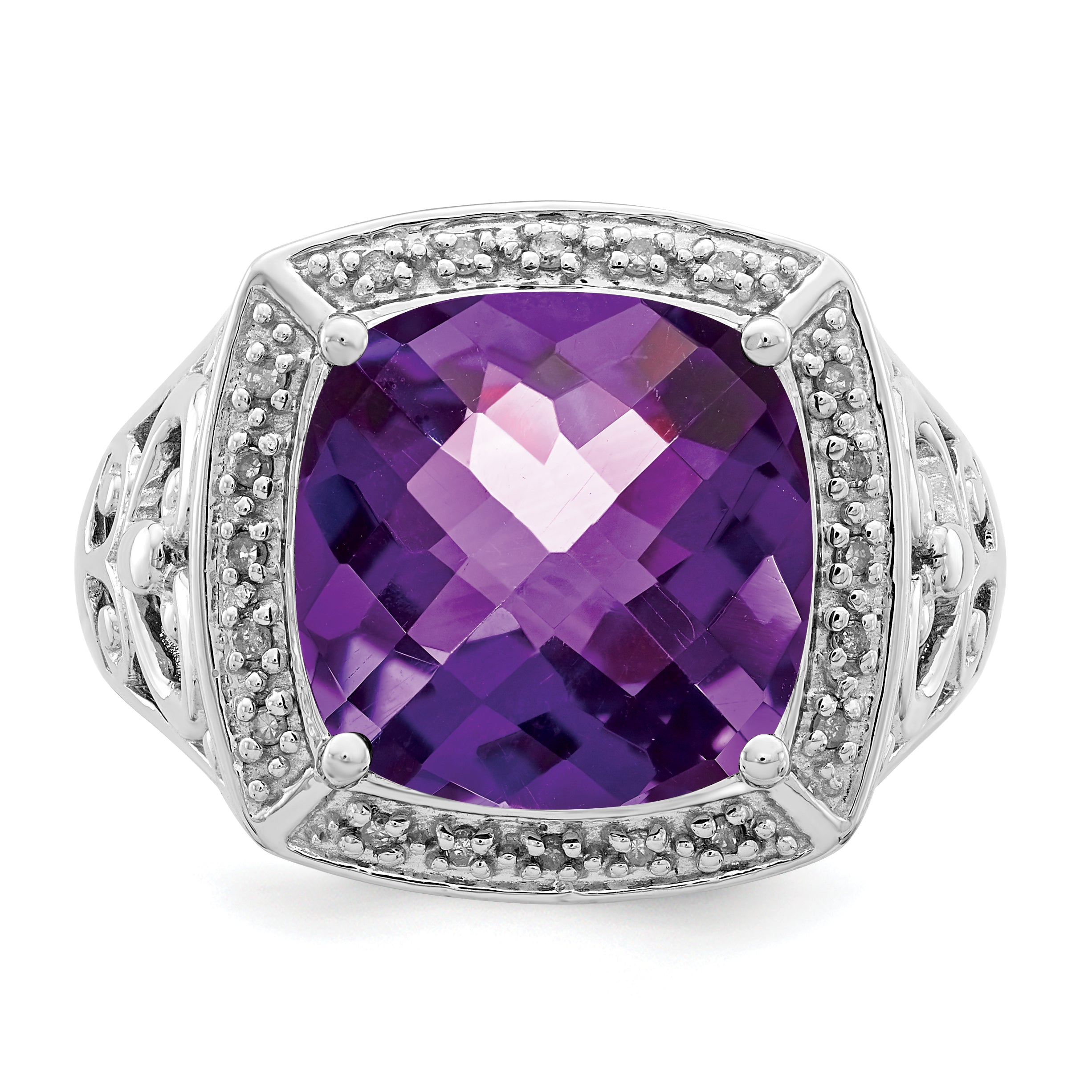 Sterling Silver Rhodium Plated Amethyst And Diamond Ring