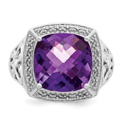 Sterling Silver Rhodium Plated Amethyst And Diamond Ring