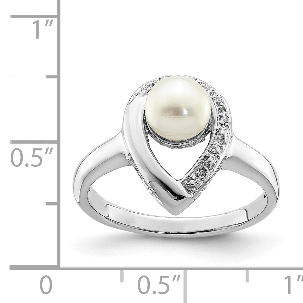 Sterling Silver Rhodium Plated Diamond And Fw Cultured Pearl Ring