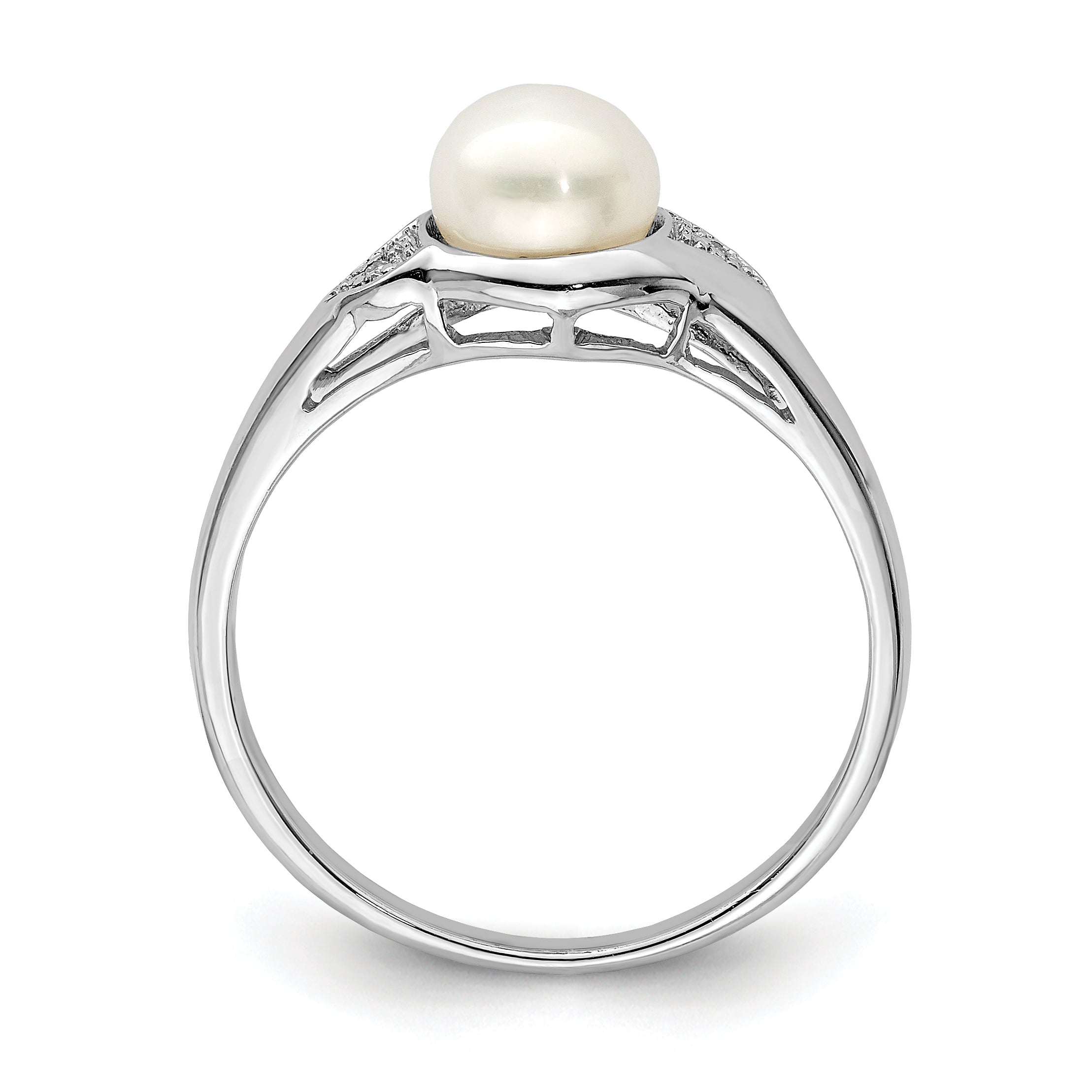 Sterling Silver Rhodium Plated Diamond And Fw Cultured Pearl Ring