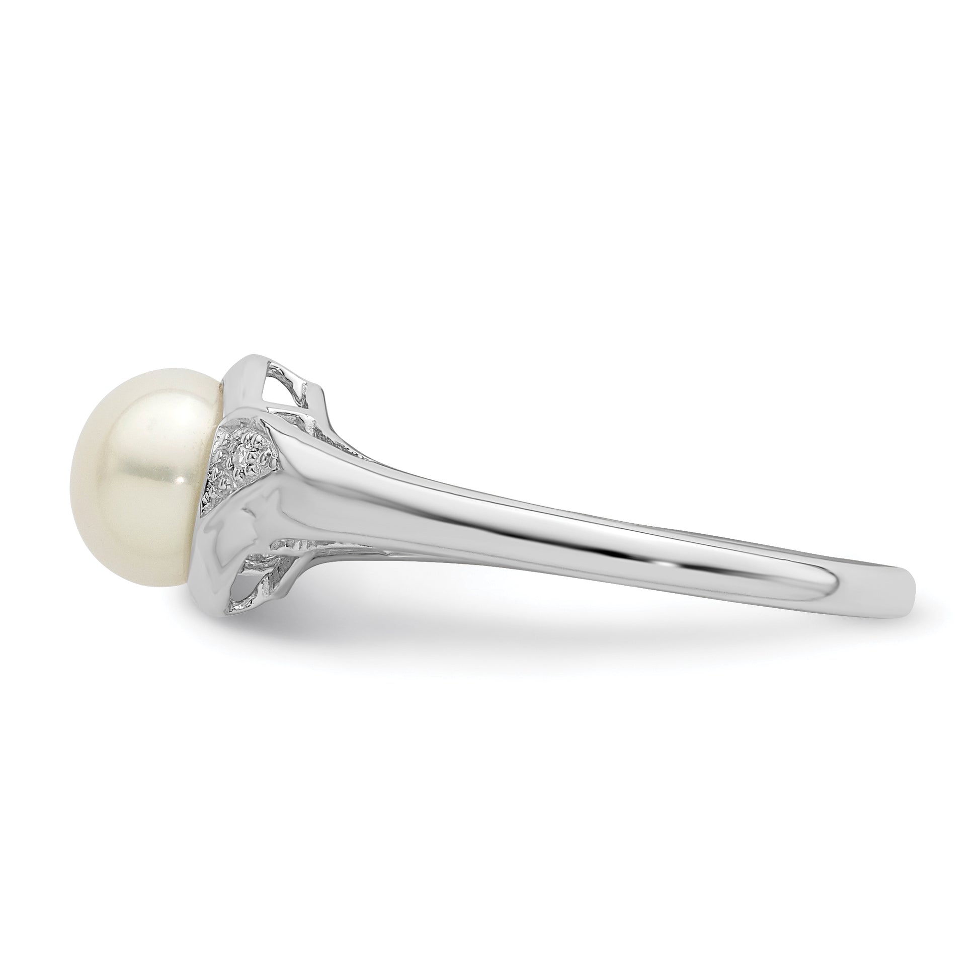 Sterling Silver Rhodium Plated Diamond And Fw Cultured Pearl Ring