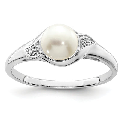 Sterling Silver Rhodium Plated Diamond And Fw Cultured Pearl Ring
