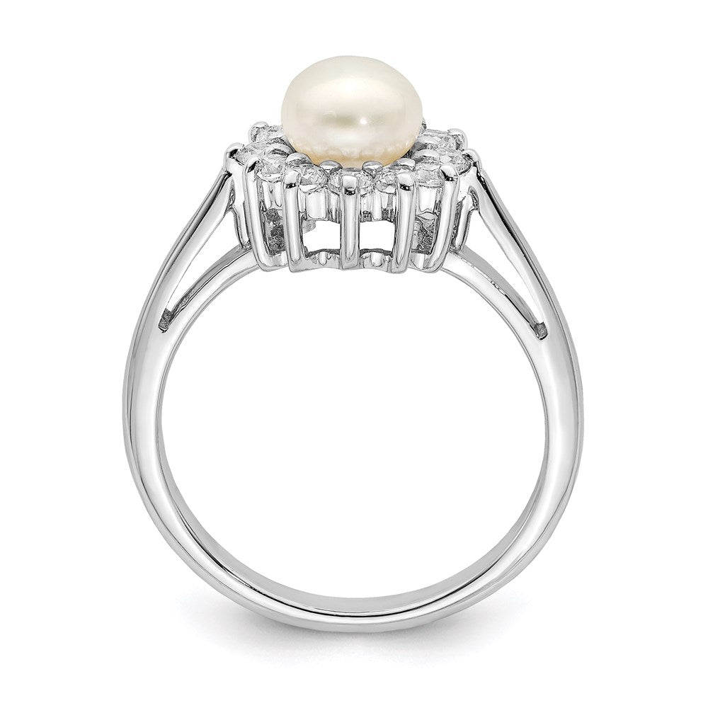 Sterling Silver Rhodium Plated Cz And Fw Cultured Pearl Ring