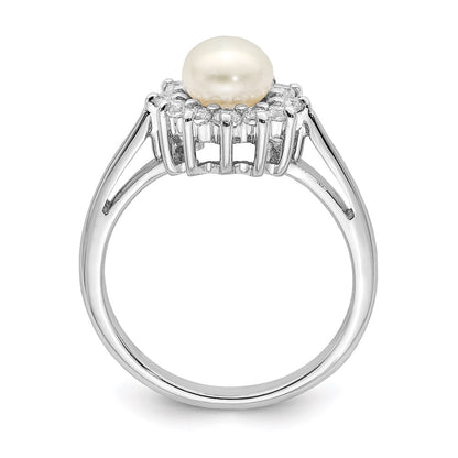 Sterling Silver Rhodium Plated Cz And Fw Cultured Pearl Ring