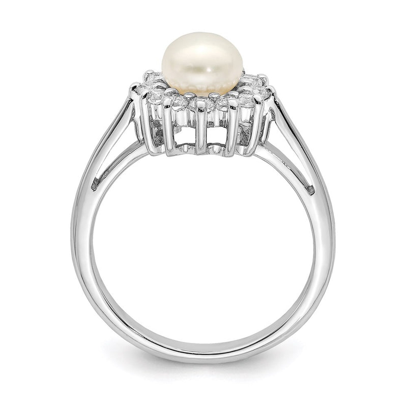 Sterling Silver Rhodium Plated Cz And Fw Cultured Pearl Ring