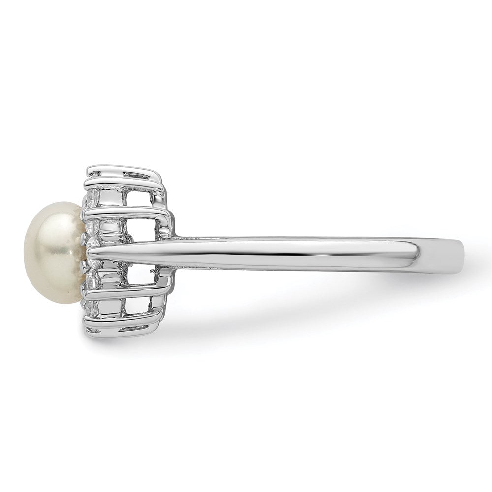 Sterling Silver Rhodium Plated Cz And Fw Cultured Pearl Ring