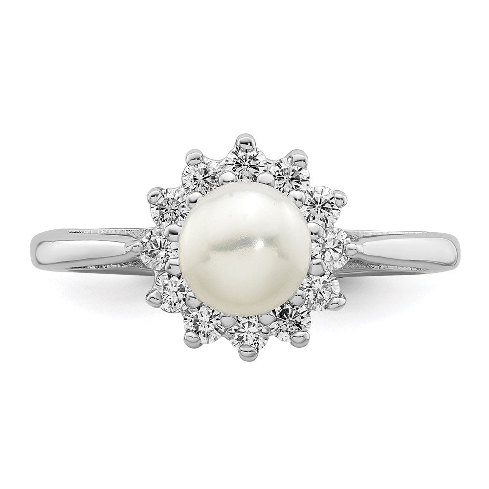 Sterling Silver Rhodium Plated Cz And Fw Cultured Pearl Ring